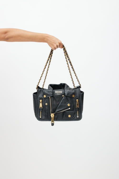 Moschino Black 
Gold Leather Biker Shoulder Bag