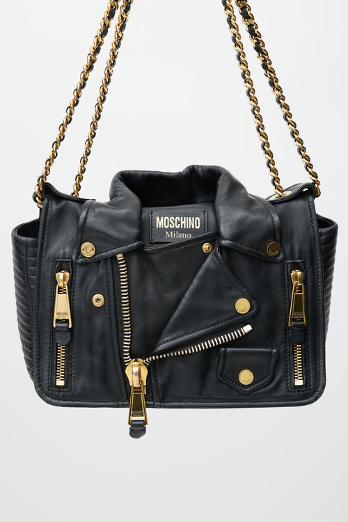 Moschino Black 
Gold Leather Biker Shoulder Bag