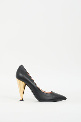 Moschino Black 
Gold Leather Cone Heeled Pump