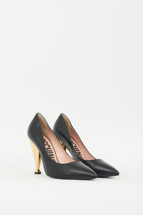 Moschino Black 
Gold Leather Cone Heeled Pump