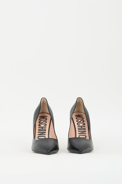 Moschino Black 
Gold Leather Cone Heeled Pump