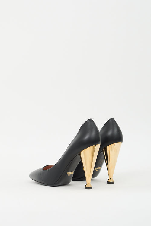 Moschino Black 
Gold Leather Cone Heeled Pump