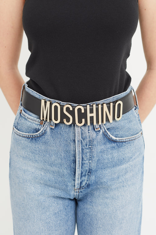 Moschino Black Leather 
Gold Logo Buckle Belt