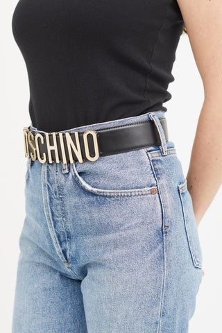 Moschino Black Leather 
Gold Logo Buckle Belt