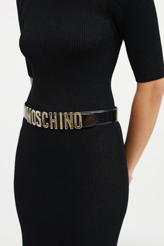 Moschino Black 
Silver Leather Logo Belt