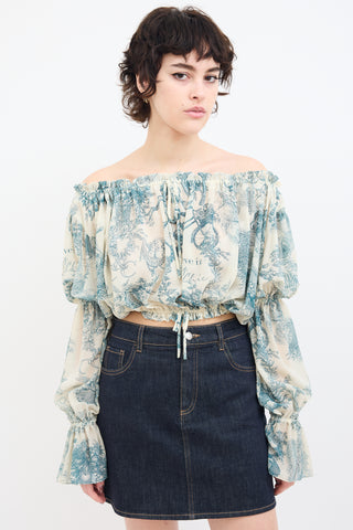 Moschino Blue 
White Sheer Printed Off Shoulder Blouse