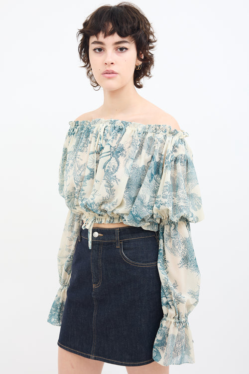 Moschino Blue 
White Sheer Printed Off Shoulder Blouse