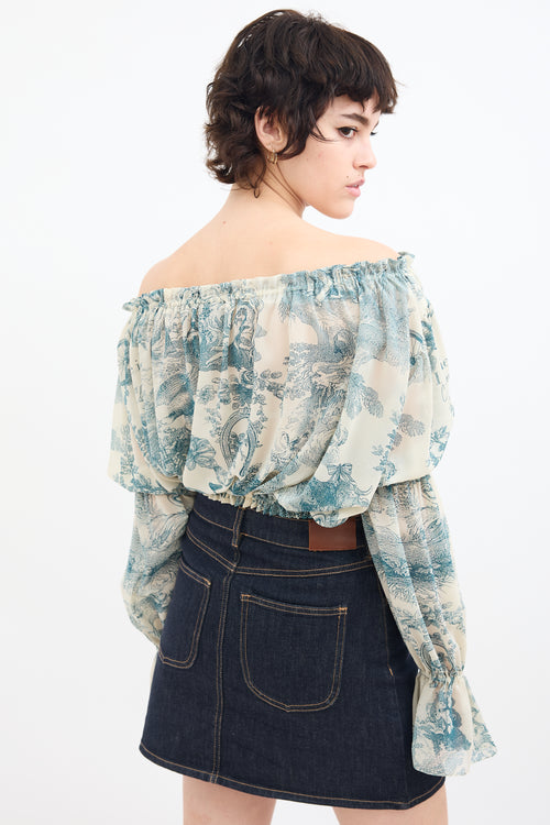 Moschino Blue 
White Sheer Printed Off Shoulder Blouse