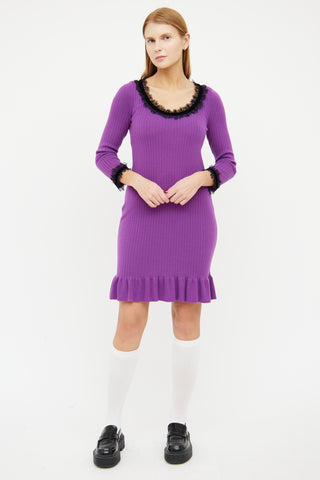 Boutique Moschino Purple 
Black Wool Ribbed Lace Dress