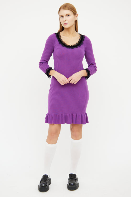 Boutique Moschino Purple 
Black Wool Ribbed Lace Dress