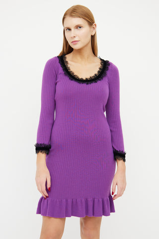 Boutique Moschino Purple 
Black Wool Ribbed Lace Dress