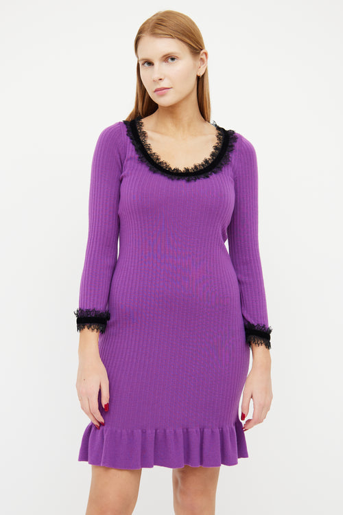 Boutique Moschino Purple 
Black Wool Ribbed Lace Dress