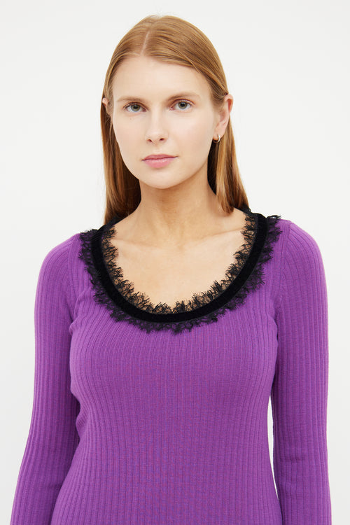 Boutique Moschino Purple 
Black Wool Ribbed Lace Dress