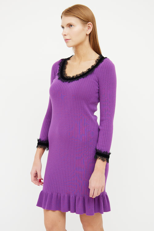 Boutique Moschino Purple 
Black Wool Ribbed Lace Dress