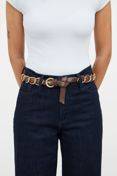 Moschino Brown 
Rose Gold Leather Chain Link Belt