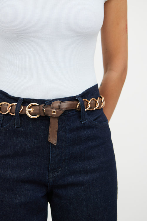 Moschino Brown 
Rose Gold Leather Chain Link Belt