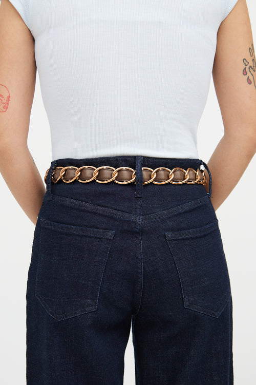 Moschino Brown 
Rose Gold Leather Chain Link Belt