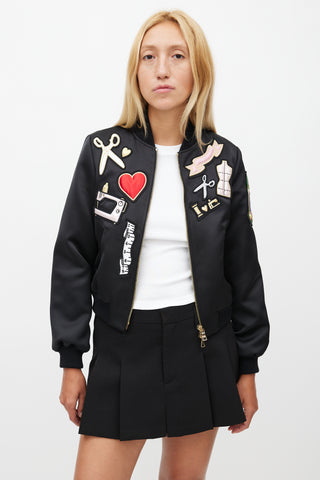 Moschino Cheap And Chic Black Satin Patches Bomber Jacket