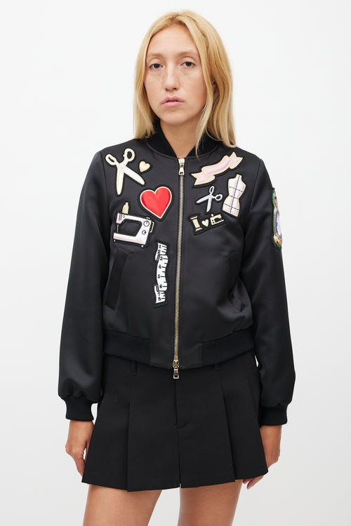 Moschino Cheap And Chic Black Satin Patches Bomber Jacket