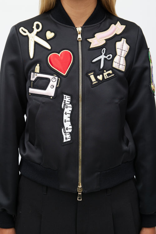 Moschino Cheap And Chic Black Satin Patches Bomber Jacket