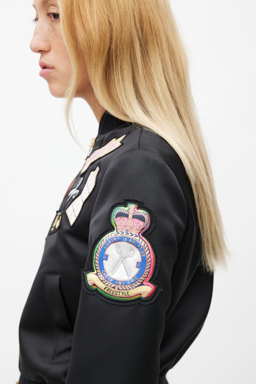 Moschino Cheap And Chic Black Satin Patches Bomber Jacket