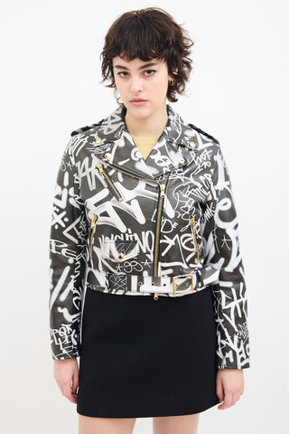 Moschino Couture Black 
White Leather Graffiti Biker Jacket