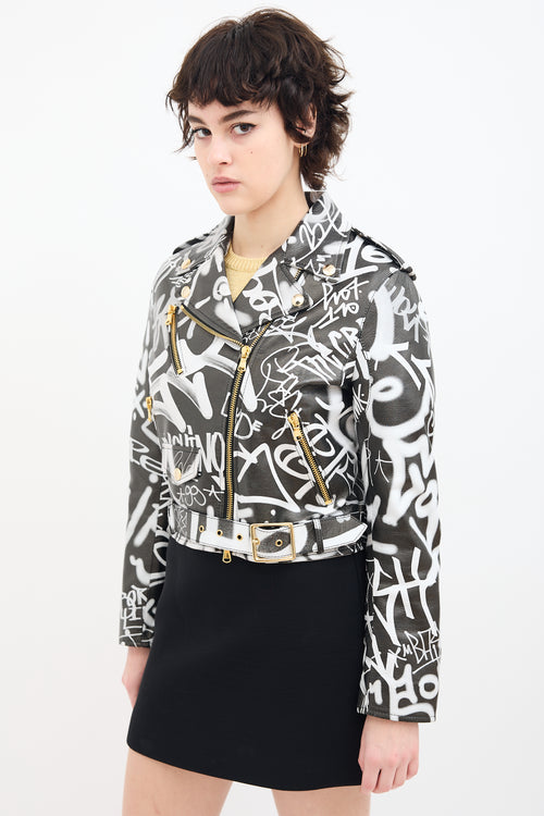 Moschino Couture Black 
White Leather Graffiti Biker Jacket