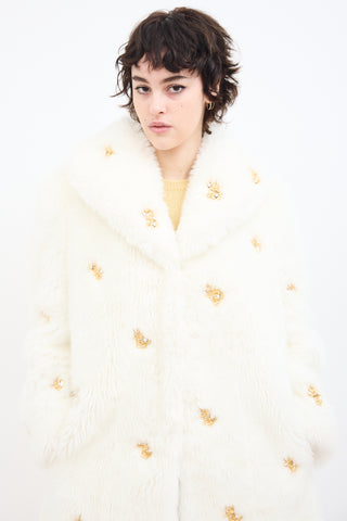 Moschino Couture White Faux Fur Embellished Coat