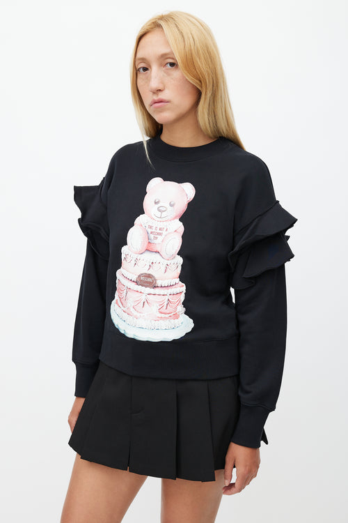 Moschino Couture! Black Cake Print 
Ruffle Sweatshirt