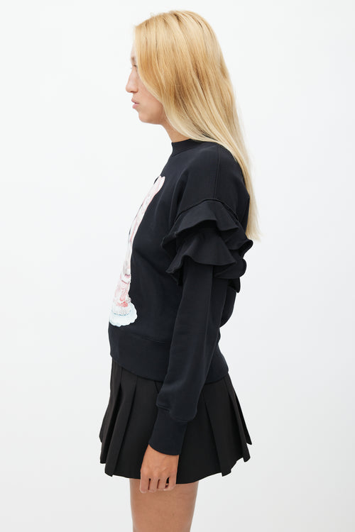 Moschino Couture! Black Cake Print 
Ruffle Sweatshirt