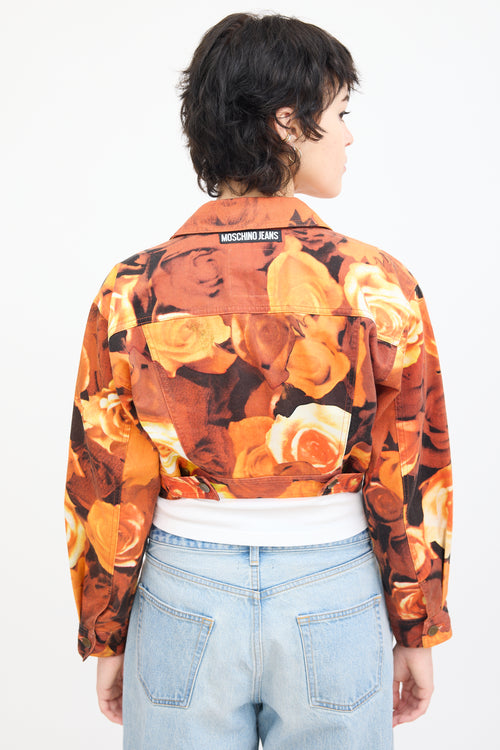 Moschino Jeans Orange 
Black Floral Denim Jacket