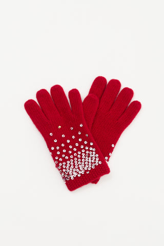 Moschino Red 
Silver Sequin Logo Gloves