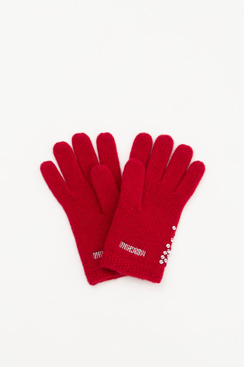 Moschino Red 
Silver Sequin Logo Gloves