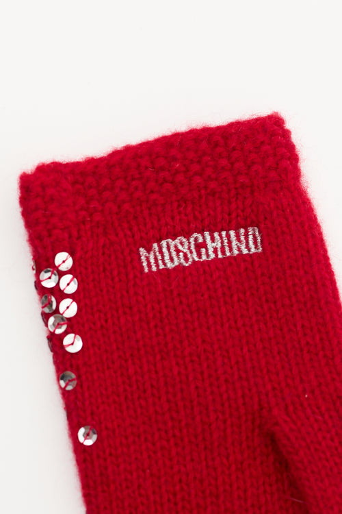 Moschino Red 
Silver Sequin Logo Gloves