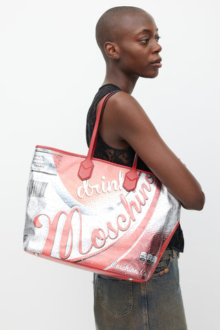 Moschino Red 
Silver Leather Logo Tote