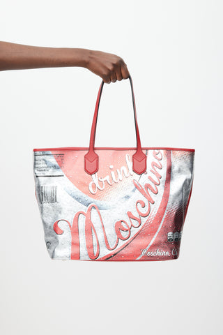 Moschino Red 
Silver Leather Logo Tote