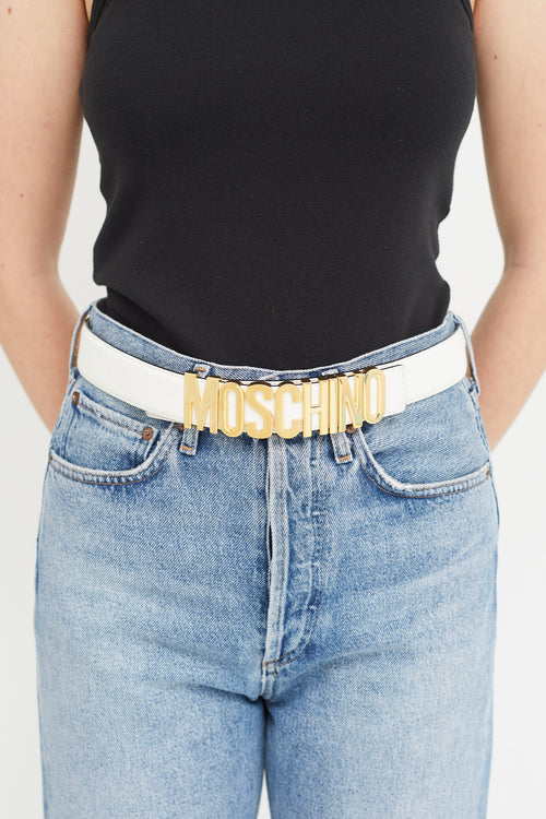 Moschino White Leather 
Gold Logo Buckle Belt