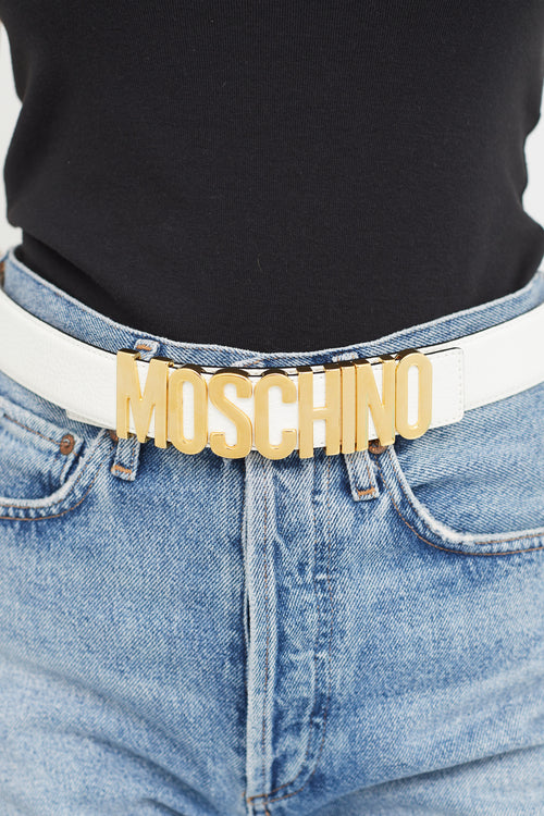 Moschino White Leather 
Gold Logo Buckle Belt