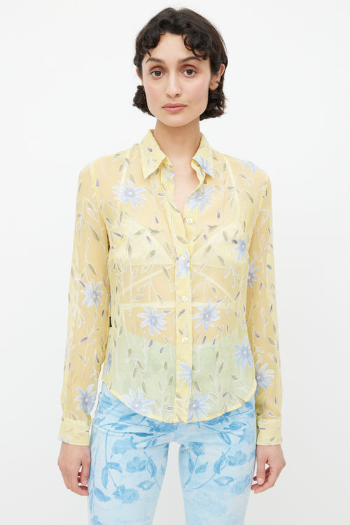 Moschino Yellow 
Blue Floral Sheer Shirt