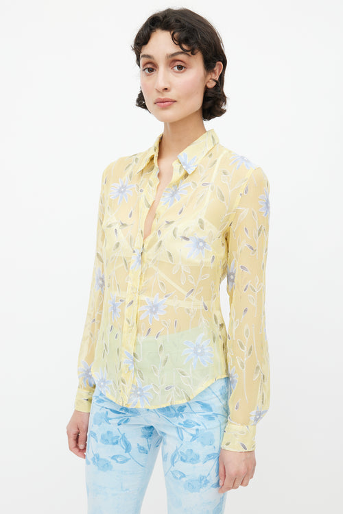 Moschino Yellow 
Blue Floral Sheer Shirt