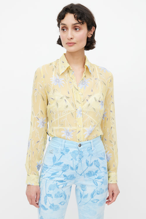 Moschino Yellow 
Blue Floral Sheer Shirt