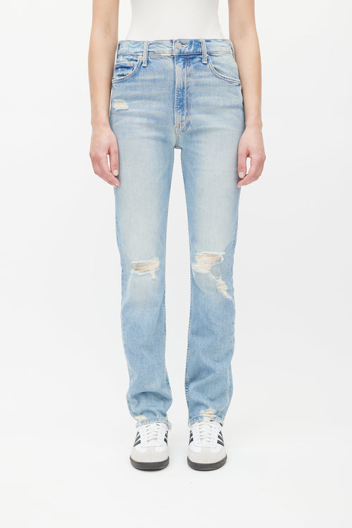 Mother Superior Blue Light Wash Rider Distressed Jeans