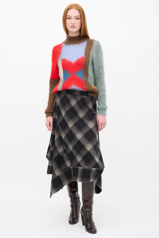 Moyuru Black 
Beige Wool Plaid Handkerchief Skirt