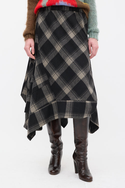 Moyuru Black 
Beige Wool Plaid Handkerchief Skirt