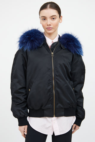 Mr. 
Mrs. Black 
Blue Fur Trim Bomber Jacket