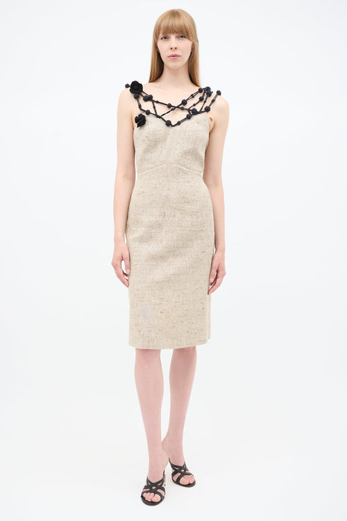 Mugler 1980s Beige Linen 
Black Crochet Dress