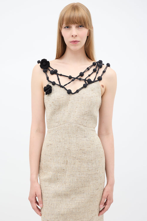 Mugler 1980s Beige Linen 
Black Crochet Dress