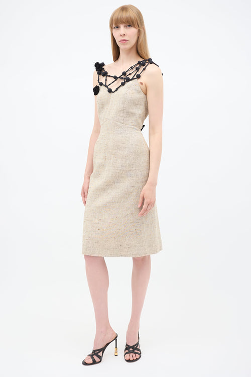 Mugler 1980s Beige Linen 
Black Crochet Dress