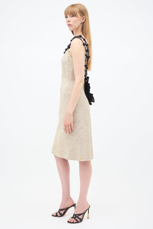 Mugler 1980s Beige Linen 
Black Crochet Dress