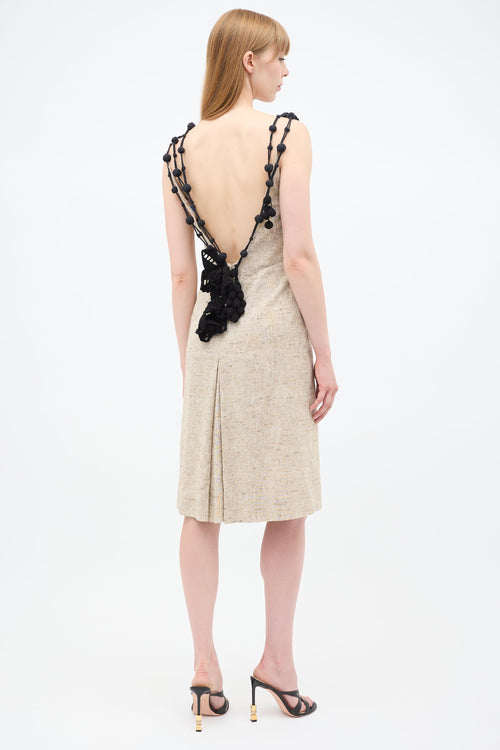 Mugler 1980s Beige Linen 
Black Crochet Dress